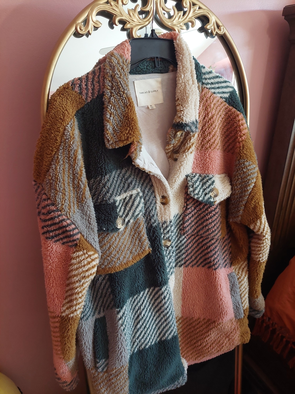 Thread & Supply Multicolor Plaid Sherpa Jacket in Pink, Green & Cream